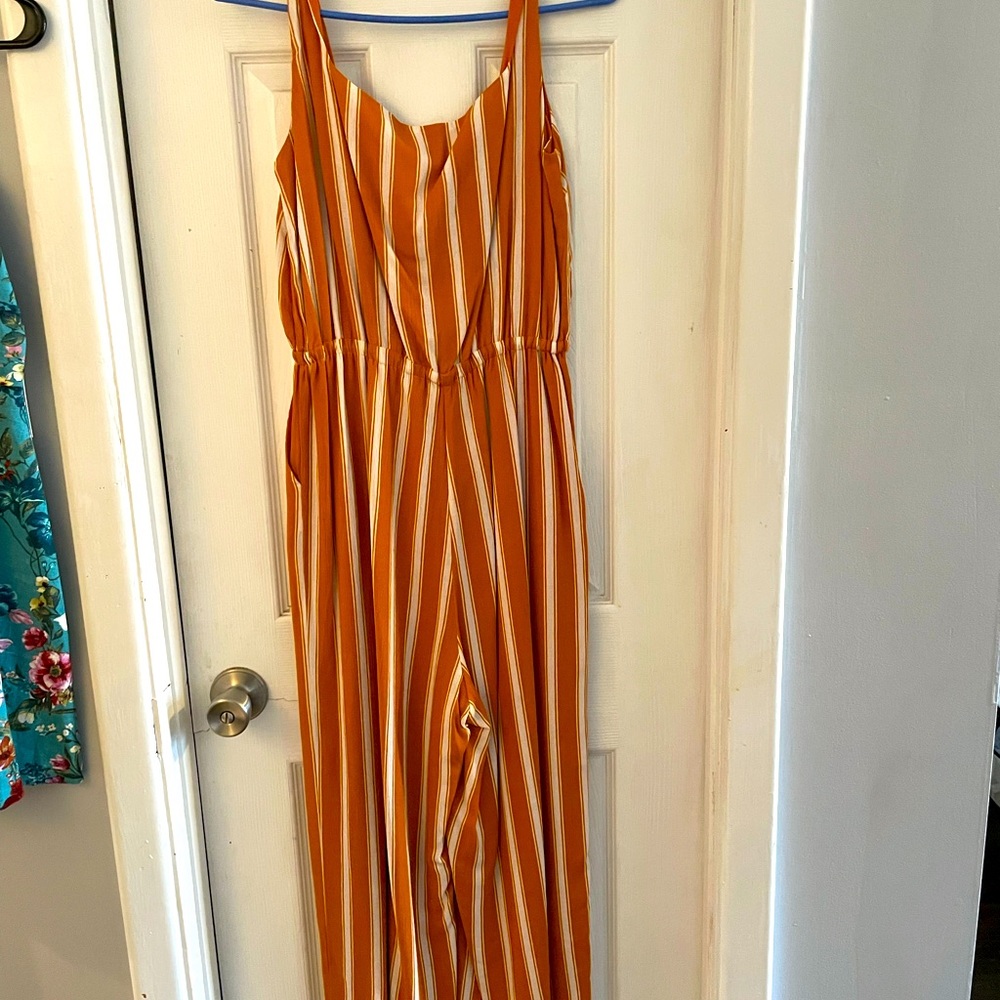 Lulus orange and white stripe jumpsuit with drawstring waist band size small